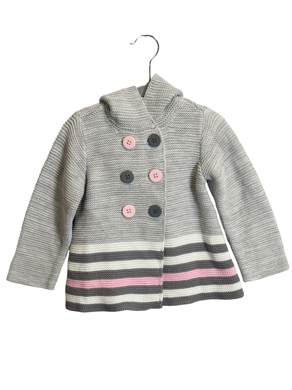 First Impressions Girl Sweater Gray Knit Striped Hem Double-Breasted Hood 24 M